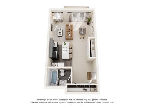 Floor plan for studio, 1 bath, 565 sqft